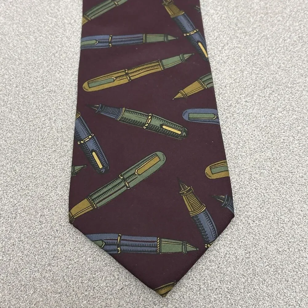 Vintage Jones New York 100 % Silk Neck Tie,  Dark Burgundy With Ink Pen Print